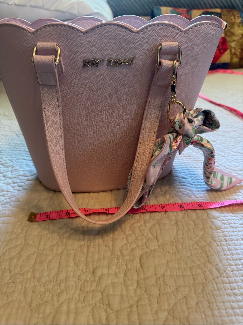 Betsey Johnson Light Pink Scalloped Shoulder Bag with Floral Scarf Accent